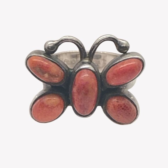 Southwest Style Sterling Silver Orange Spiny Oyster Shell Butterfly Ring Size 8 - Picture 1 of 7